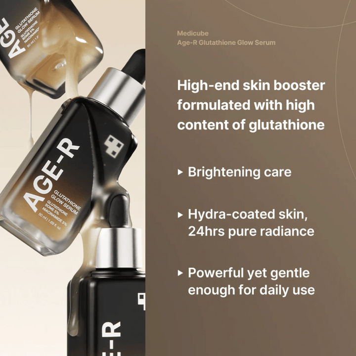 Bilden visar flera flaskor av Medicube Age-R Glutathione Glow Serum och beskriver produktens fördelar: hög glutationhalt för ljusare hud, 24 timmars återfuktning och lyster, samt att den är kraftfull men skonsam nog för daglig användning.