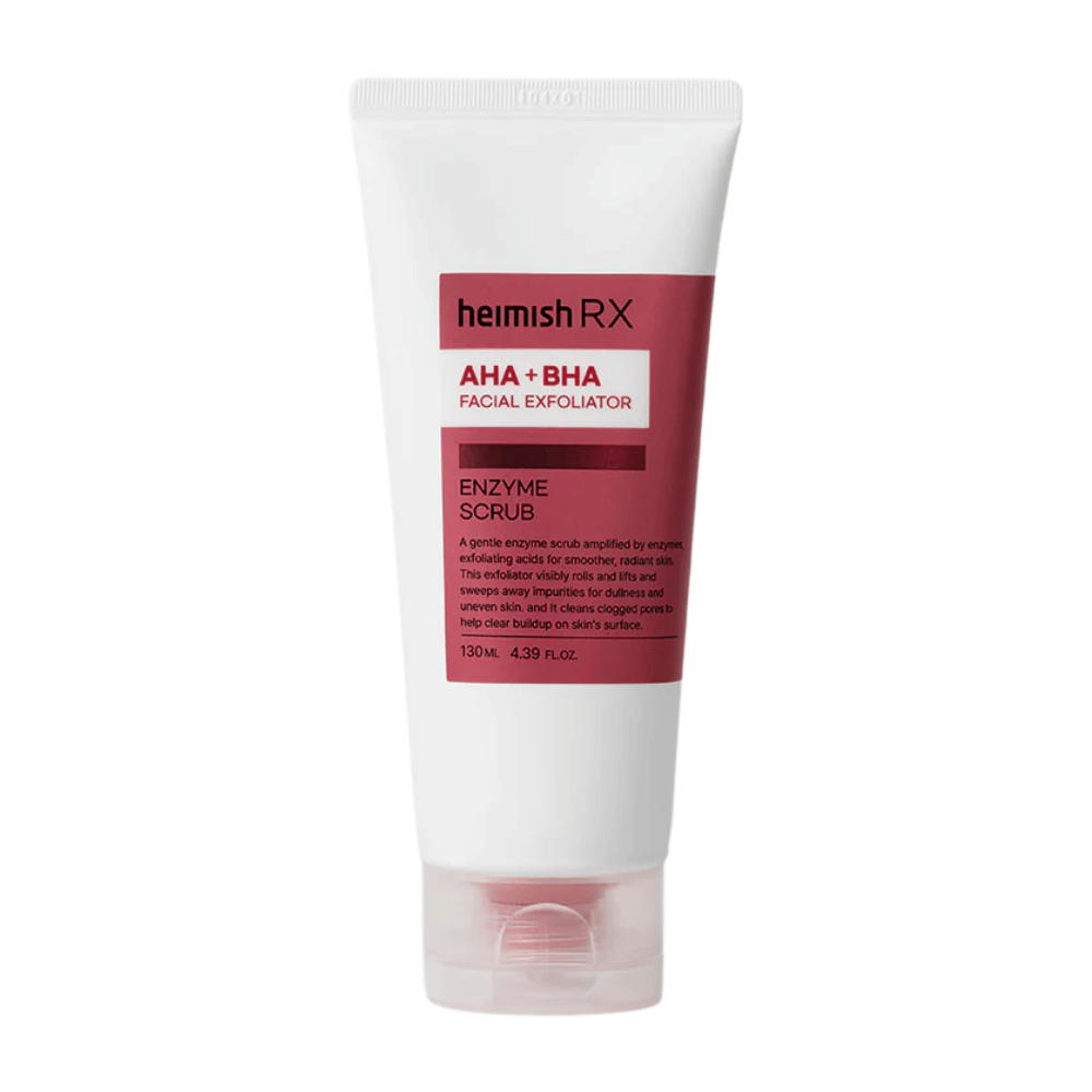 Heimish RX AHA + BHA Enzyme Scrub i en vit tub med röd etikett. En ansiktsexfoliator som innehåller AHA och BHA för att avlägsna orenheter och förbättra hudens textur. Produkten är placerad mot en vit bakgrund.